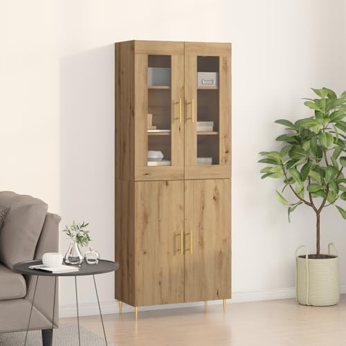 WRJENFSC Artisan Eiche Highboard 69,5x34x180 cm Sideboard mit 4 Türen und goldenen Griffen Modernes Massivholz-Design Robuste Bauweise für Esszimmer Wohnzimmer Flur von WRJENFSC