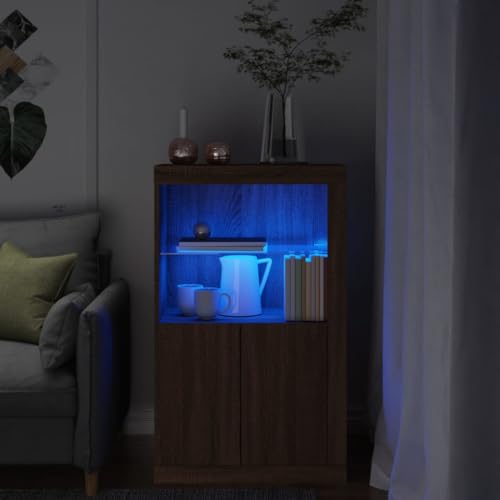 WRJENFSC Beistellschrank mit RGB LED Beleuchtung Braun Eichenoptik Holzwerkstoff und Glas 60,5 x 37 x 100 cm Moderner Aufbewahrungsschrank für Wohnzimmer Flur und Schlafzimmer von WRJENFSC