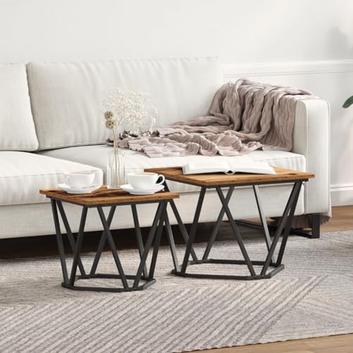 WRJENFSC Beistelltisch Set 2 Stück Alteiche mit Stahlrahmen Industriell Wohnzimmer Couchtisch Schlankes Design Rustikale Optik für Getränke Deko von WRJENFSC