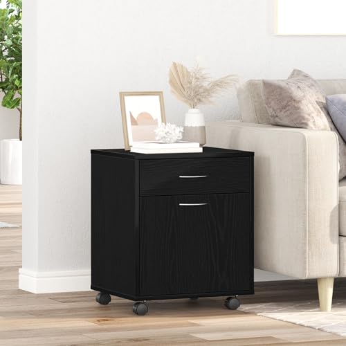 WRJENFSC Büroschrank Schwarz Eiche 45x38x54 cm Holzwerkstoff mit Rollen und Schublade Moderner Stauraumschrank für Homeoffice und Arbeitszimmer von WRJENFSC