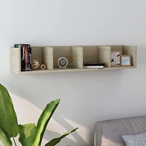 WRJENFSC CD-Wandregal aus Holzwerkstoff in Sonoma-Eiche 100x18x18 cm mit 4 offenen Fächern für Aufbewahrung von CDs DVDs Schallplatten Robust und Langlebig zur Wandmontage im Wohnzimmer von WRJENFSC