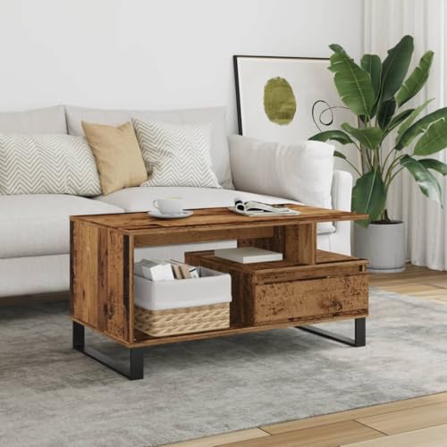 WRJENFSC Couchtisch Beistelltisch Altholz-Optik Holzwerkstoff mit Metallbeinen und Stauraum 90x49x45 cm für Wohnzimmer Modernes Design von WRJENFSC