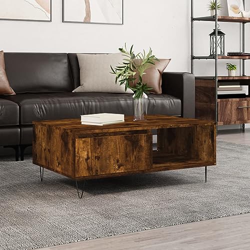 WRJENFSC Couchtisch Beistelltisch Räuchereiche 90x60x35 cm mit Stauraum Fächern – Robustes Design aus Holzwerkstoff und Eisen für Wohnzimmer von WRJENFSC