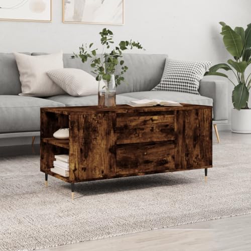 WRJENFSC Couchtisch Beistelltisch Räuchereiche Holzwerkstoff Metall 102x44,5x50 cm Moderner Design mit Stauraum für Wohnzimmer von WRJENFSC