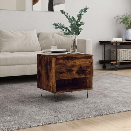 WRJENFSC Couchtisch Beistelltisch Räuchereiche Holzwerkstoff Metall 50x46x50 cm mit Stauraum Schublade Moderner Sofatisch für Wohnzimmer von WRJENFSC