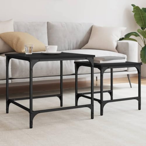 WRJENFSC Couchtisch Beistelltisch Schwarz 2er Set Nesting Design Industriell Holzwerkstoff Metall für Wohnzimmer Schlafzimmer Büro von WRJENFSC