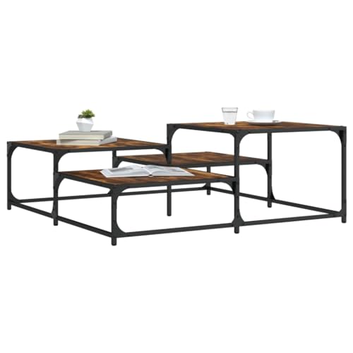 WRJENFSC Couchtisch Beistelltisch aus Holzwerkstoff und Metall in Räuchereiche 107x107x40 cm mit Mehrstufigem Design Höhenverstellbare Beine Stabile Oberfläche Industrial Stil für Wohnzimmer von WRJENFSC