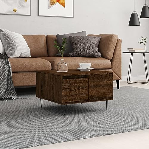 WRJENFSC Couchtisch Beistelltisch mit Schublade Braun Eichen-Optik 55x55x36,5 cm Metallbeine Stauraum für Wohnzimmer Modernes Design von WRJENFSC