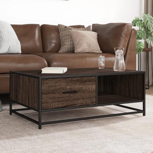 WRJENFSC Couchtisch Braun Eichen-Optik 90x57x35 cm Holzwerkstoff Metall Industrial Design Robust mit Stauraum für Wohnzimmer Sofa und Beistellbereich von WRJENFSC
