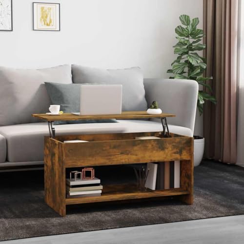 WRJENFSC Couchtisch Räuchereiche Holzwerkstoff 102x50x52,5 cm Höhenverstellbar mit Verstecktem Stauraum für Wohnzimmer Schlafzimmer von WRJENFSC