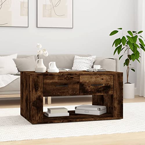 WRJENFSC Couchtisch Räuchereiche Holzwerkstoff 80x50x40 cm mit 2 Schubladen Stauraum Wohnzimmer Beistelltisch Modernes Design von WRJENFSC