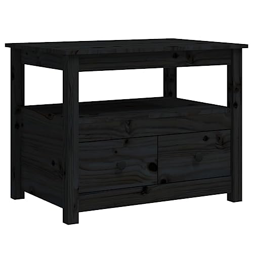 WRJENFSC Couchtisch Schwarz Massivholz Kiefer 71x49x55 cm mit Stauraum 2 Schubladen Ablage Klassischer Beistelltisch für Wohnzimmer und Schlafzimmer von WRJENFSC