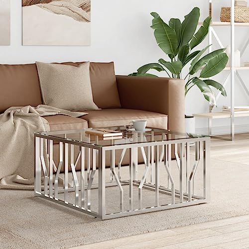 WRJENFSC Couchtisch aus Edelstahl und gehärtetem Glas 80x80x40 cm Silber Beistelltisch Nachttisch Robust Langlebig für Wohnzimmer Schlafzimmer Flur von WRJENFSC