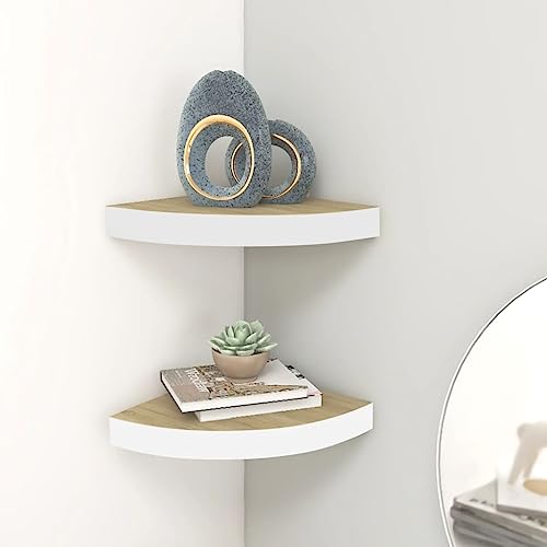 WRJENFSC Eck-Schweberegal 2 Stück Eichen-Optik Weiß 35x35x3,8 cm MDF Metall Wandregal Schwebend Unsichtbare Montage Für Deko Bücher Pflanzen Wohnzimmer Badezimmer von WRJENFSC