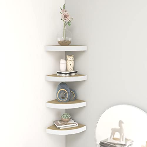 WRJENFSC Eck-Schweberegale Set 4 Stück Wandregal Eckregal Schweberegal Eichen-Optik Weiß 35x35x3,8 cm mit unsichtbarem Montagesystem für Deko Bücher Wohnzimmer Bad Küche von WRJENFSC