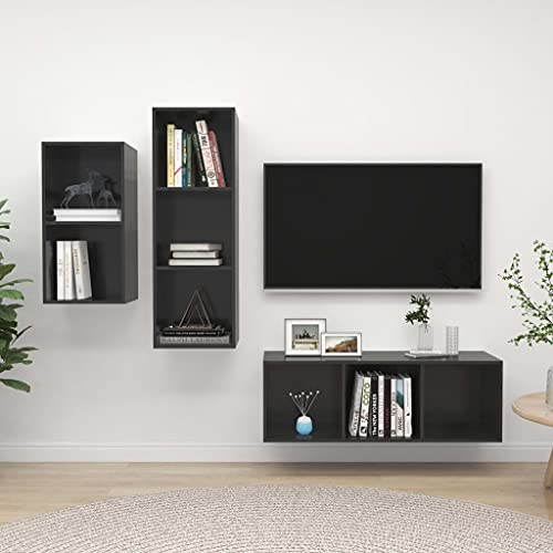WRJENFSC Hängendes TV-Schrank-Set Hochglanz Grau Holzwerkstoff 3-teilig Wandmontage Stauraum von WRJENFSC