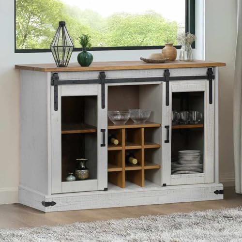 WRJENFSC Halden Sideboard Kiefernholz Weiß 112x40x80 cm mit 2 Schiebetüren & 9 Weinflaschenhaltern Landhaus-Stil für Wohnzimmer Flur Schlafzimmer als Lowboard oder Küchenunterschrank WRJENFSC Halden Sideboard Kiefernholz Weiß 112x40x80 cm mit 2 Schiebetüren & 9 Weinflaschenhaltern Landhaus-Stil für Wohnzimmer Flur Schlafzimmer als Lowboard oder Küchenunterschrank von WRJENFSC