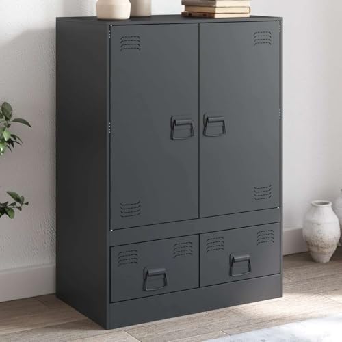 WRJENFSC Highboard Anthrazit 67x39x95 cm aus kaltgewalztem Stahl mit 2 Türen und 2 Schubladen Modernes Industrial Design Robust und Stauraumstark für Wohnzimmer Küche Flur Büro und Schlafzimmer von WRJENFSC