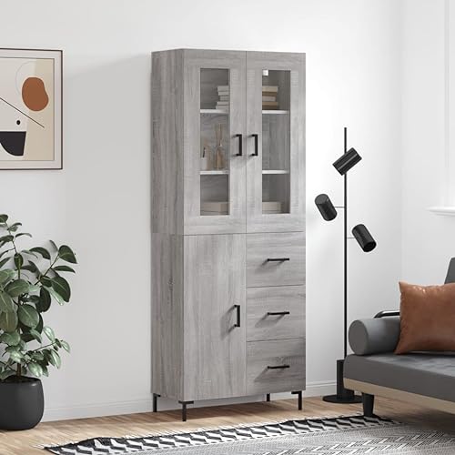 WRJENFSC Highboard Grau Sonoma 69,5 x 34 x 180 cm aus Holzwerkstoff mit Glas und Metallfüßen Modernes Wohnzimmersideboard mit viel Stauraum und stilvollem Design für Livingroom Flur Küche von WRJENFSC