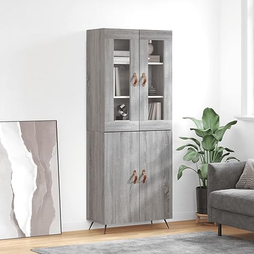 WRJENFSC Highboard Grau Sonoma 69,5 x 34 x 180 cm aus robuster Holzwerkstoff Kombination Sideboard und Highboard Aufsatz für Wohnzimmer Flur und Büro moderner Landhauslook mit Metallfüßen und Glas von WRJENFSC