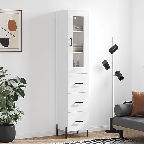 WRJENFSC Highboard Weiß 34,5x34x180 cm aus Holzwerkstoff mit Glasfront & Metallfüßen, Modernes Sideboard Wohnzimmer mit viel Stauraum, Standvitrine für Flur Küche Esszimmer WRJENFSC Highboard Weiß 34,5x34x180 cm aus Holzwerkstoff mit Glasfront & Metallfüßen, Modernes Sideboard Wohnzimmer mit viel Stauraum, Standvitrine für Flur Küche Esszimmer von WRJENFSC