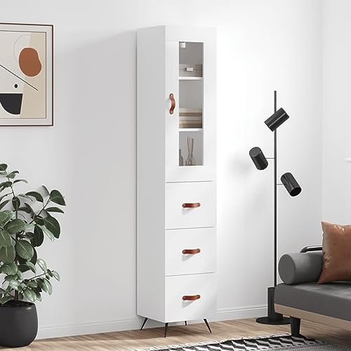WRJENFSC Highboard Weiß 34,5x34x180 cm aus Holzwerkstoff mit Metallfüßen und Glas Modernes Sideboard für Wohnzimmer Flur Büro mit großem Stauraum von WRJENFSC