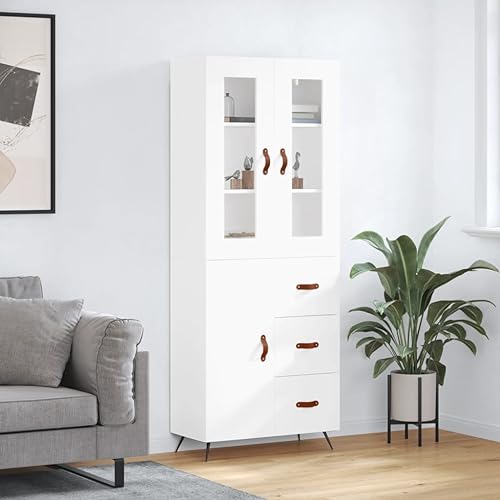 WRJENFSC Highboard Weiß 69,5x34x180 cm aus Holzwerkstoff mit Glas und Metall Highboard Wohnzimmer Sideboard Küche modernes Design mit viel Stauraum für Living Room Küche Flur von WRJENFSC