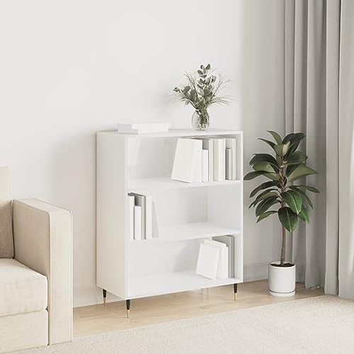 WRJENFSC Hochglanz Weiß Bücherregal Schmal Hoch 90cm mit Metallfüßen - Schmales Regal mit 3 Fächern für Wohnzimmer Deko und Aufbewahrung von WRJENFSC