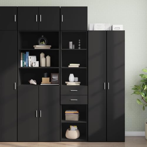 WRJENFSC Hochschrank Schwarz 45x42,5x225 cm Schmal Holzwerkstoff mit 6 Fächern und 2 Schubladen Platzsparend für Küche Bad Flur Büro und Schlafzimmer von WRJENFSC