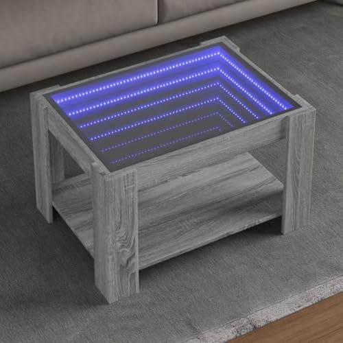 WRJENFSC LED Couchtisch mit Infinity Spiegel Grau Sonoma 73x53x45 cm aus Holzwerkstoff und Glas RGB Beleuchtung vielseitig für Wohnzimmer Schlafzimmer als Beistelltisch oder Nachttisch von WRJENFSC