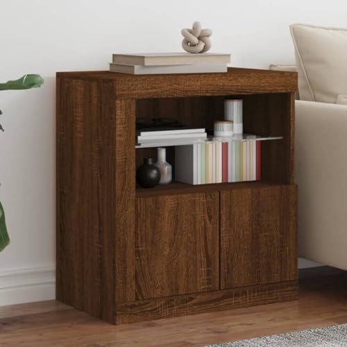 WRJENFSC LED Sideboard Braun Eichen-Optik 60 5x37x67 cm Modernes Holz Glas Lowboard Wohnzimmer Flur mit RGB Beleuchtung und USB Anschluss für Living Room Küche Büro von WRJENFSC