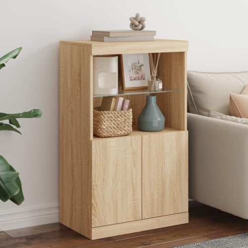 WRJENFSC LED Sideboard Sonoma Eiche 60,5x37x100 cm Modernes Aufbewahrungsmöbel mit RGB Beleuchtung und Glas Vitrine Stabil und Viel Stauraum für Wohnzimmer Flur Esszimmer von WRJENFSC