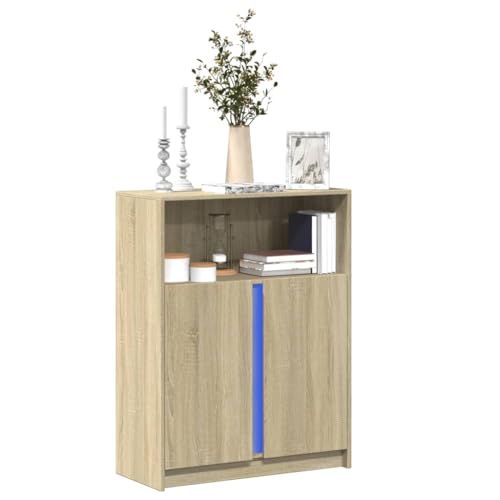 WRJENFSC LED Sideboard Sonoma Eiche 77x34x100 cm Holzwerkstoff mit RGB Beleuchtung Modernes Lowboard mit viel Stauraum für Wohnzimmer Flur und Esszimmer von WRJENFSC