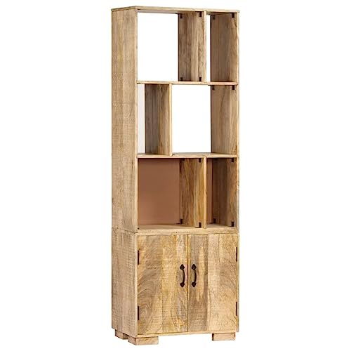 WRJENFSC Massivholz Bücherregal aus Mangoholz Schmal 60x35x180 cm Rustikales Design mit 2 Türen und 6 Offenen Fächern für Bücher und Dekoration im Wohnzimmer Büro oder Balkon von WRJENFSC