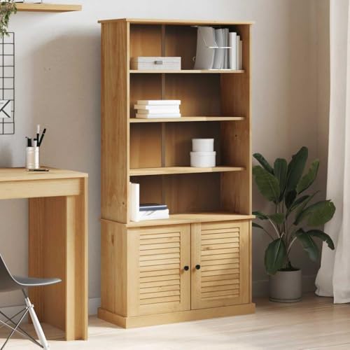 WRJENFSC Massivholz Kiefer Bücherregal Schmal Hoch 85x35x170 cm Jalousie Design mit Metallknöpfen Rustikaler Regalschrank für Wohnzimmer von WRJENFSC