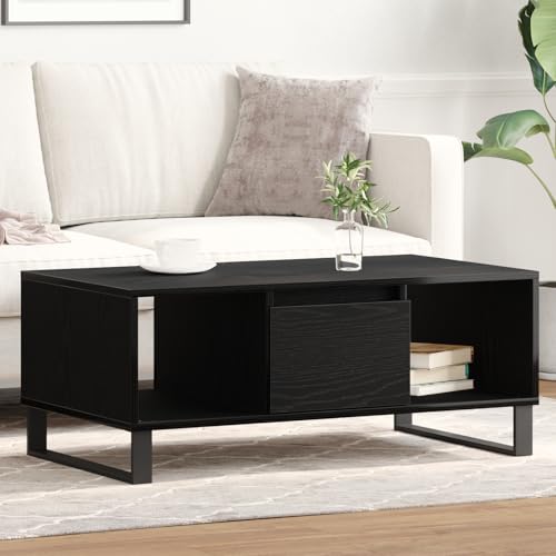 WRJENFSC Moderner Couchtisch Schwarz Massivholz Eiche Rechteckig 90x50x36,5 cm mit Großer Schublade - Robust und Langlebig für Wohnzimmer als Beistelltisch oder Dekotisch WRJENFSC Moderner Couchtisch Schwarz Massivholz Eiche Rechteckig 90x50x36,5 cm mit Großer Schublade - Robust und Langlebig für Wohnzimmer als Beistelltisch oder Dekotisch von WRJENFSC