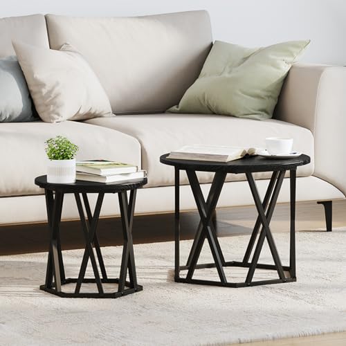 WRJENFSC Moderner Satztisch Set 2 STK. Schwarz Eiche Rund Couchtisch und Beistelltisch aus Holzwerkstoff mit Geometrischem Design Matt Oberfläche für Wohnzimmer WRJENFSC Moderner Satztisch Set 2 STK. Schwarz Eiche Rund Couchtisch und Beistelltisch aus Holzwerkstoff mit Geometrischem Design Matt Oberfläche für Wohnzimmer von WRJENFSC