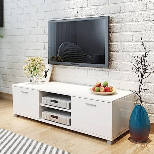 WRJENFSC Moderner TV Schrank Hochglanz Weiß 140x40,5x35 cm Lowboard mit Aluminium Griffen Kabelmanagement und Großem Stauraum für Wohnzimmer Möbel von WRJENFSC