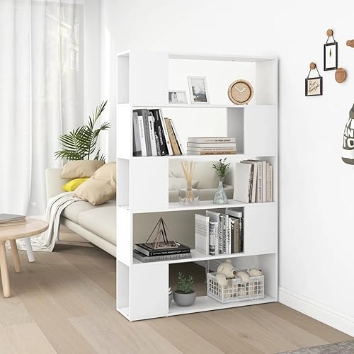 WRJENFSC Modernes Bücherregal Raumteiler als Schrank Weiß 100x24x155 cm aus Holzwerkstoff mit 5 Fächern für Stauraum in Wohnzimmer oder Homeoffice von WRJENFSC
