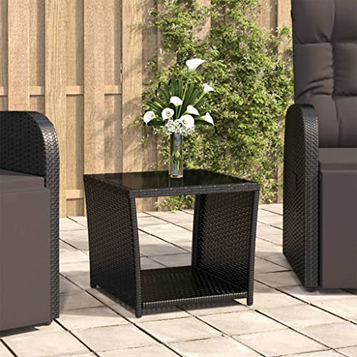 WRJENFSC Patio End Tables Couchtisch für draußen Snack-Tisch für den Garten Beistelltisch mit Glasplatte Schwarz Poly Rattan & Hartglas Geeignet für Terrasse, Hinterhof, Rasen, Pool, Party, Balkon von WRJENFSC