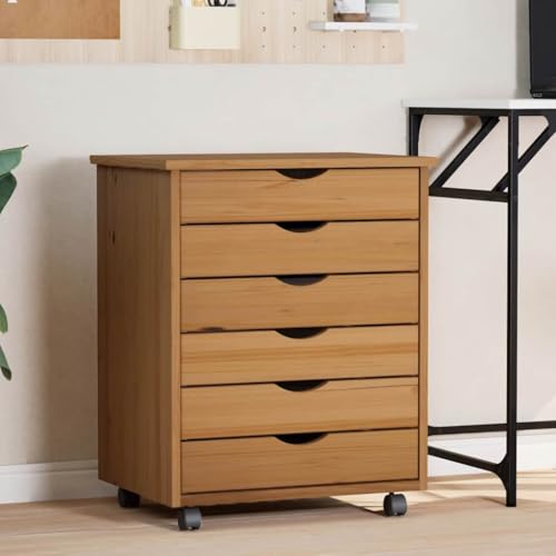 WRJENFSC Rollschrank Moss aus massivem Kiefernholz mit 6 Schubladen 53 x 39 x 65.5 cm Honigbraun für Büro Wohnzimmer und Küche von WRJENFSC