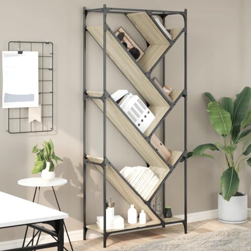 WRJENFSC Schmales Hoch Bücherregal Sonoma-Eiche 79x30x180 cm aus Holzwerkstoff und Metall mit Baum Design Verstellbaren Füßen für Wohnzimmer Home Office von WRJENFSC