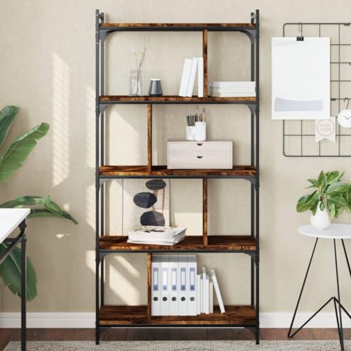 WRJENFSC Schmales Hochregal Bücherregal 5 Böden Räuchereiche 76x32x158 cm Holzwerkstoff Metall mit Verstellbaren Füßen für Wohnzimmer Büro von WRJENFSC