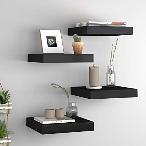 WRJENFSC Schwebendes Wandregal Set 4 Stück Schwarz 23x23,5x3,8cm MDF Metall Wabenplatten Design Unsichtbare Montage für Deko Bücher Wohnzimmer Bad von WRJENFSC