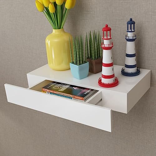 WRJENFSC Schweberegal Wandregal mit Schublade MDF Weiß 48x25x8cm Unsichtbares Befestigungssystem für Dekoration Bücher CDs in Wohnzimmer Badezimmer Küche WRJENFSC Schweberegal Wandregal mit Schublade MDF Weiß 48x25x8cm Unsichtbares Befestigungssystem für Dekoration Bücher CDs in Wohnzimmer Badezimmer Küche von WRJENFSC