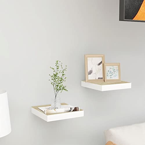 WRJENFSC Schweberegale 2 Stück in Eichen-Optik und Weiß 23x23,5x3,8 cm Waben-MDF mit Metallrahmen Wandregal für Bücher Deko Bad Wohnzimmer von WRJENFSC