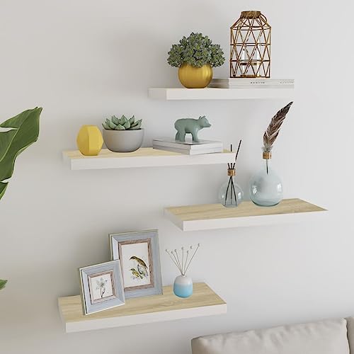 WRJENFSC Schweberegale 4 Stück Wandregal Schwebendes Regal in Eichen-Optik und Weiß 60x23,5x3,8 cm Modernes Design für Wohnzimmer Bad Küche Dekorative Aufbewahrung von WRJENFSC
