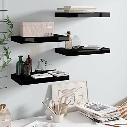 WRJENFSC Schweberegale 4er Set Hochglanz-Schwarz MDF Metall Wandregal 40x23x3,8 cm mit Unsichtbarem Montagesystem für Deko Bücher in Wohnzimmer Bad Küche von WRJENFSC