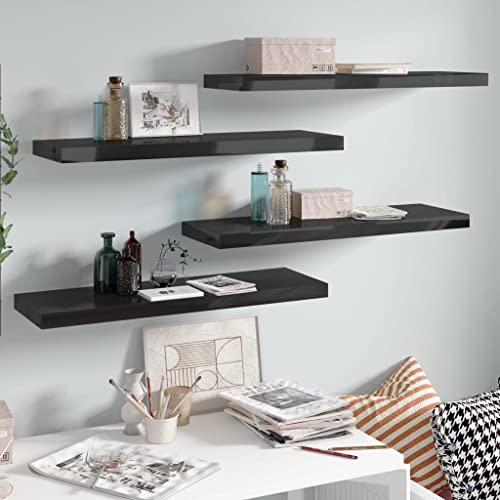 WRJENFSC Schweberegale Set 4-TLG Hochglanz Schwarz Wandregal 80x23,5x3,8 cm Modernes Design Waben-MDF Metall Unsichtbare Montage für Wanddeko Bücher Pflanzen Wohnzimmer Küche Badezimmer von WRJENFSC