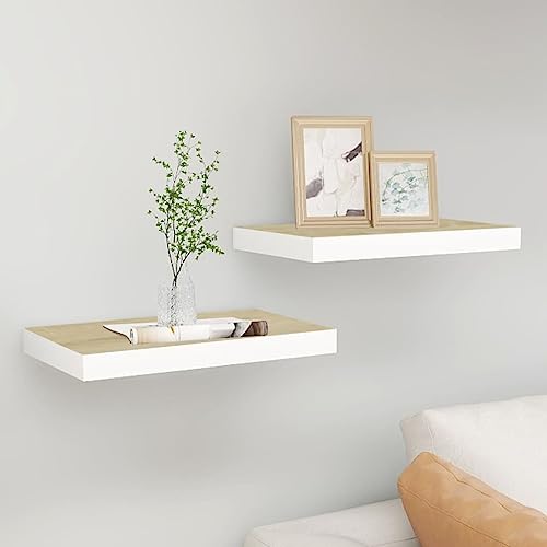 WRJENFSC Schweberegale Wandregal 2 Stück Eichen-Optik und Weiß 50x23x3,8 cm mit Unsichtbarem Befestigungssystem Robust Langlebig für Deko Bücher Pflanzen in Wohnzimmer Bad Küche von WRJENFSC